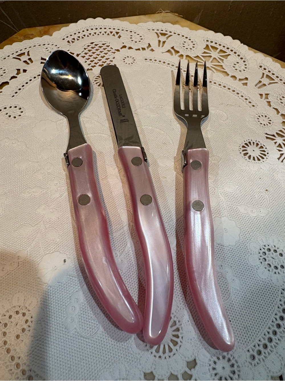 Laguiole  Pink Pearl Handles & Stainless  Steel 3-Piece Spoon, Knife & Fork